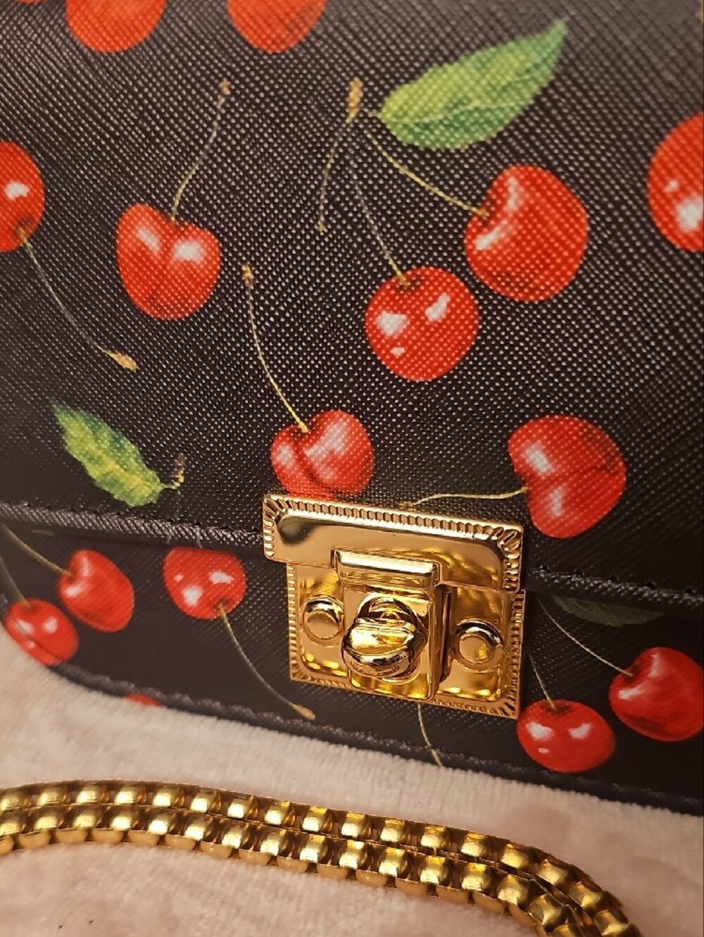 Black Cherry Print Crossbody Bag with Gold Chain - 1 Free Bag Charm Included - Picture 2 of 6